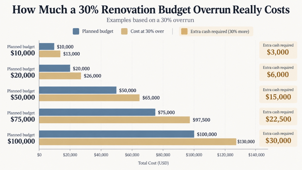 Chart of planned renovation budgets and total costs after a 30% overrun.