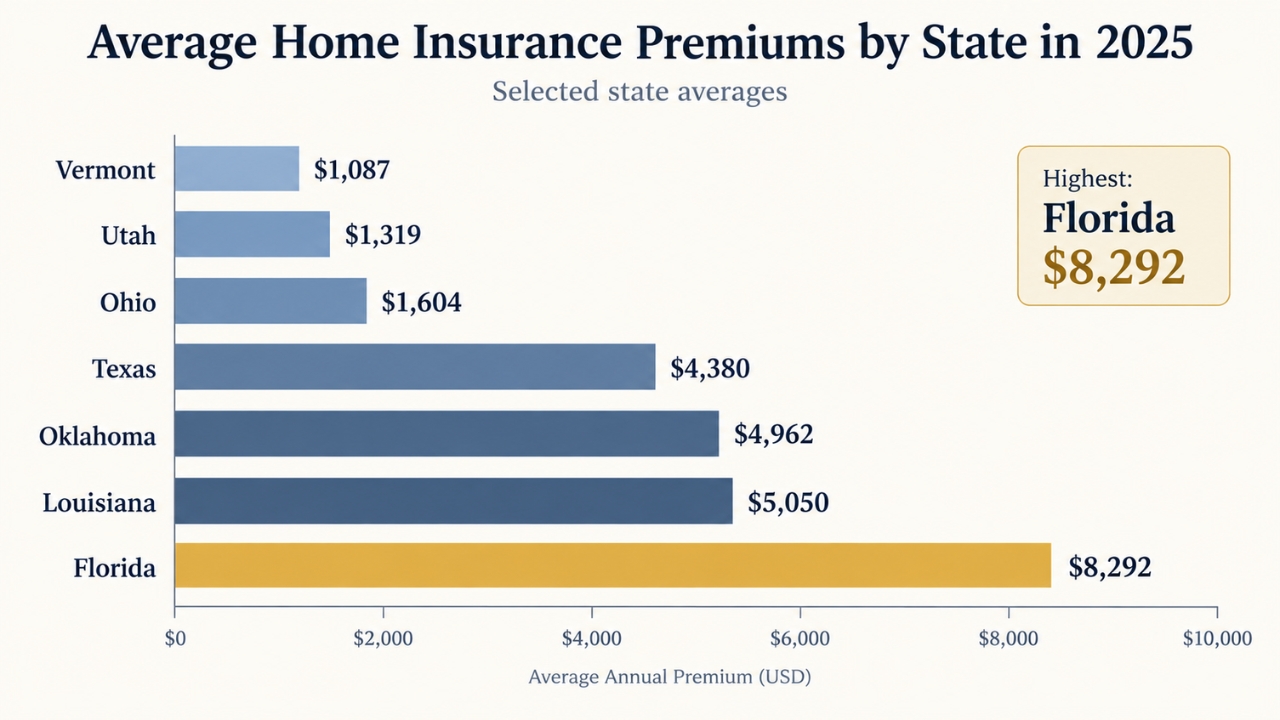 Bar chart compares 2025 average home insurance premiums across seven U.S. states, with Florida highest at $8,292.