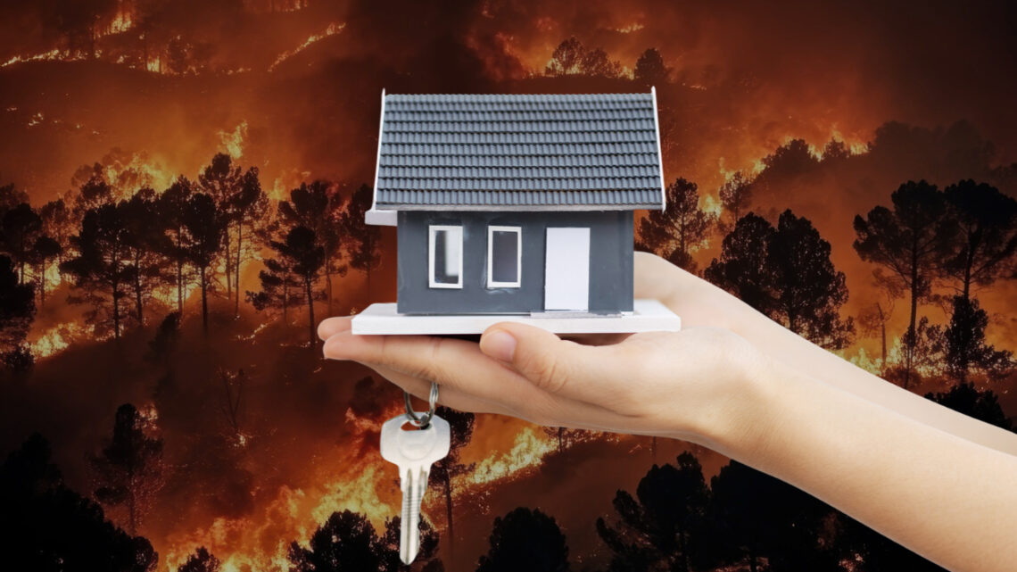 A model house rests on a hand against a backdrop of a large wildfire.
