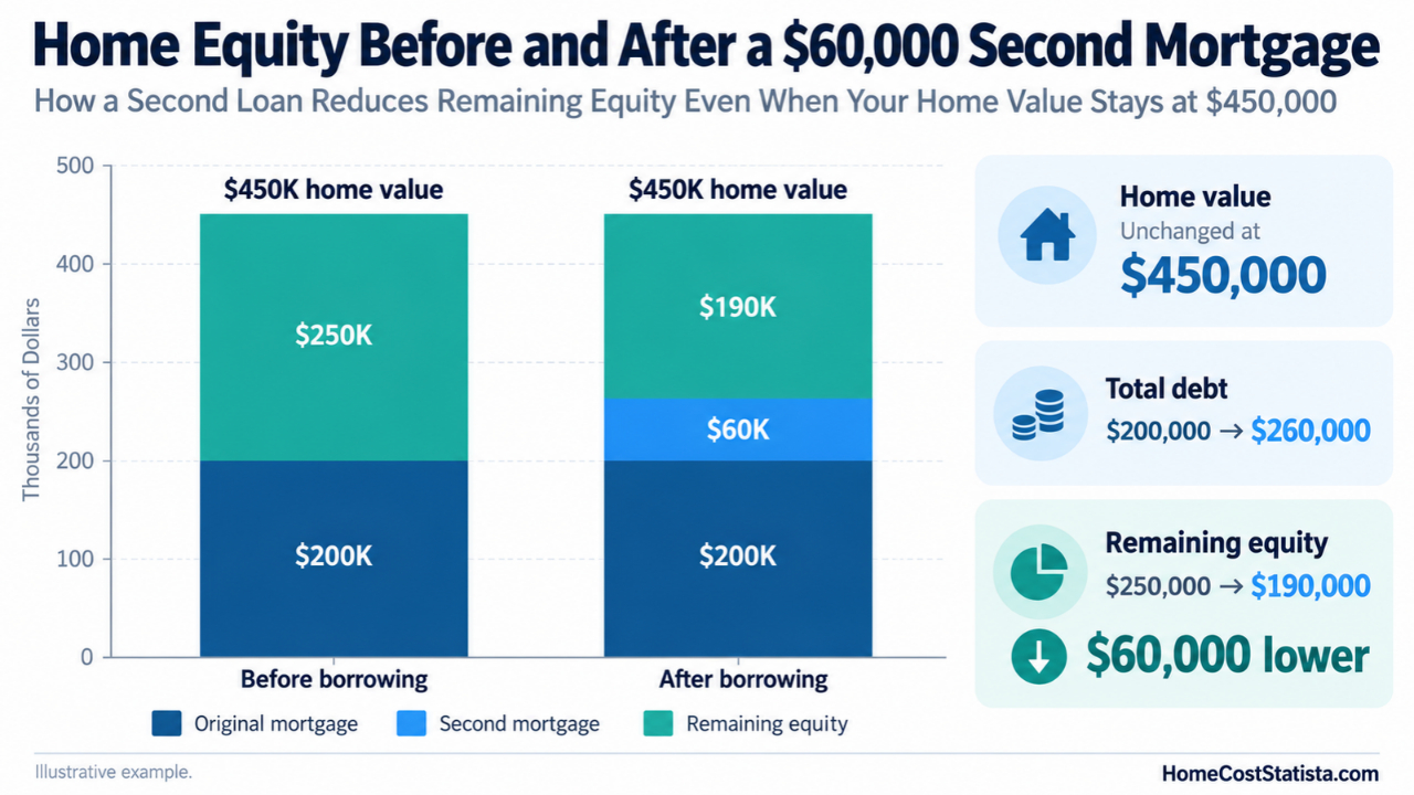 Chart shows how a $60,000 second mortgage reduces home equity from $250,000 to $190,000.