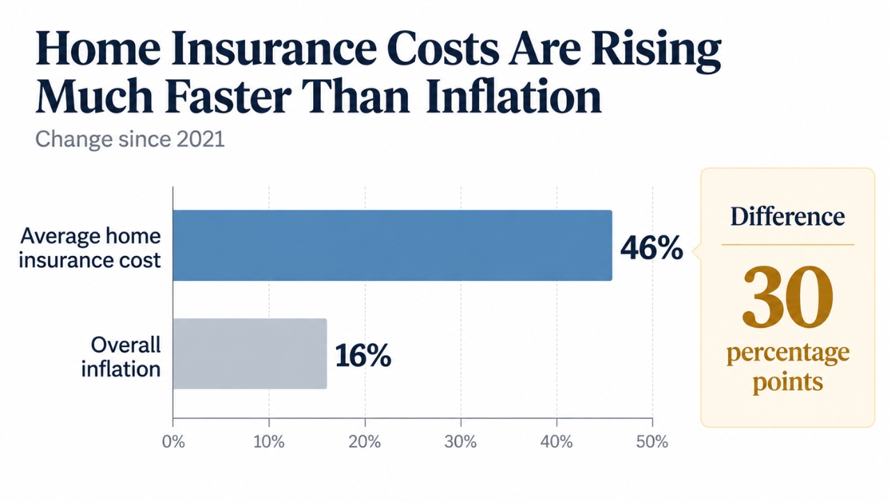 Chart shows home insurance costs up 46% since 2021 versus 16% overall inflation.