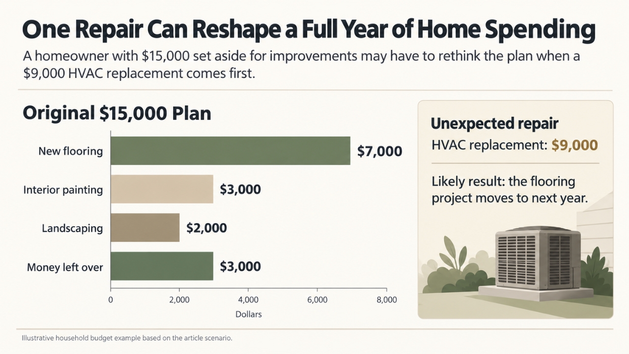 Bar chart shows how a $9,000 HVAC repair changes a $15,000 home budget.