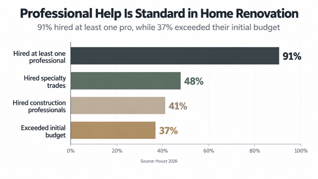 Bar chart shows 91% of homeowners hired a professional for renovations, while 37% exceeded their initial budget.