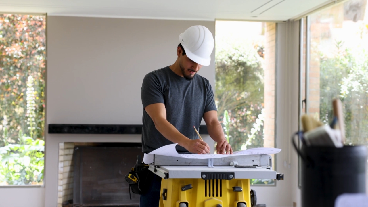 Contractor in a hard hat reviews renovation plans inside a home.